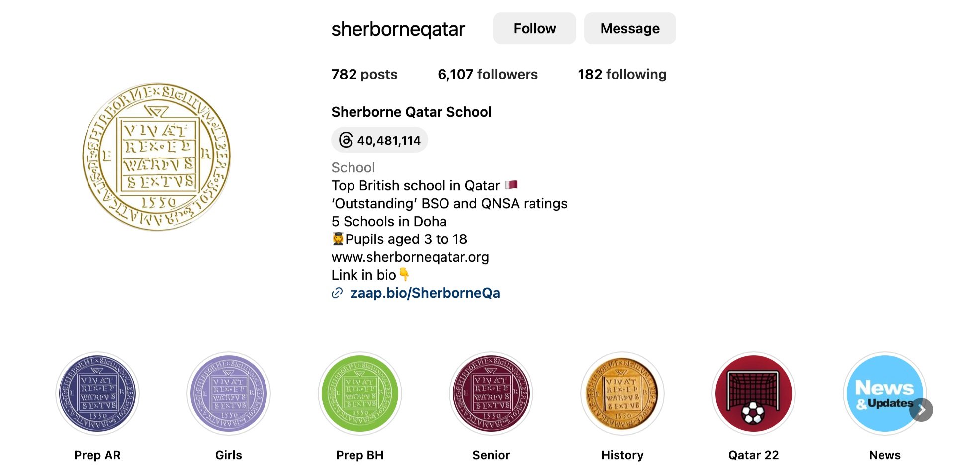 Branded Instagram Highlights on Sherborne Qatar’s profile