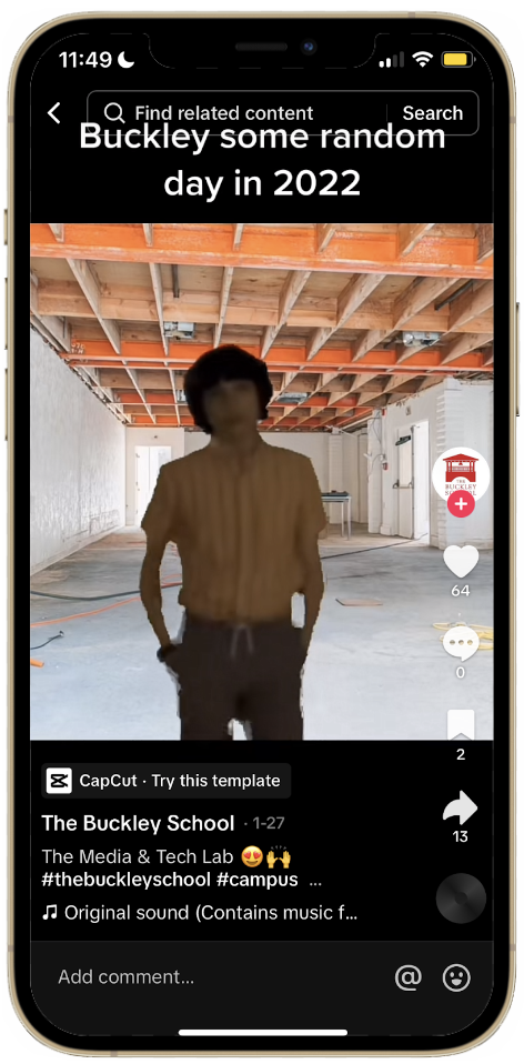 The Buckley School’s TikTok edit of a popular media clip over the background of their Media & Tech Lab.