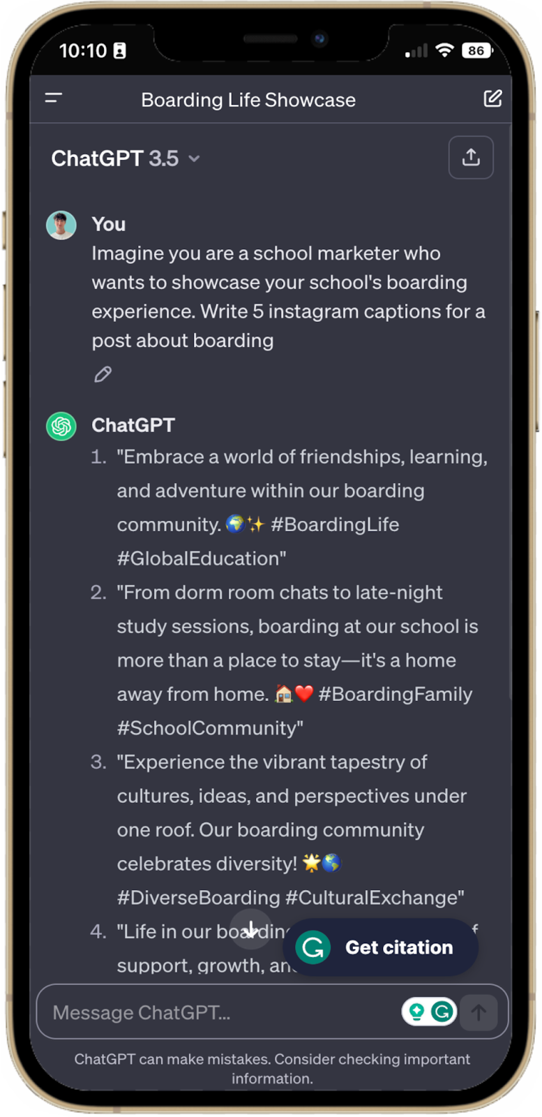 An example prompt on ChatGPT