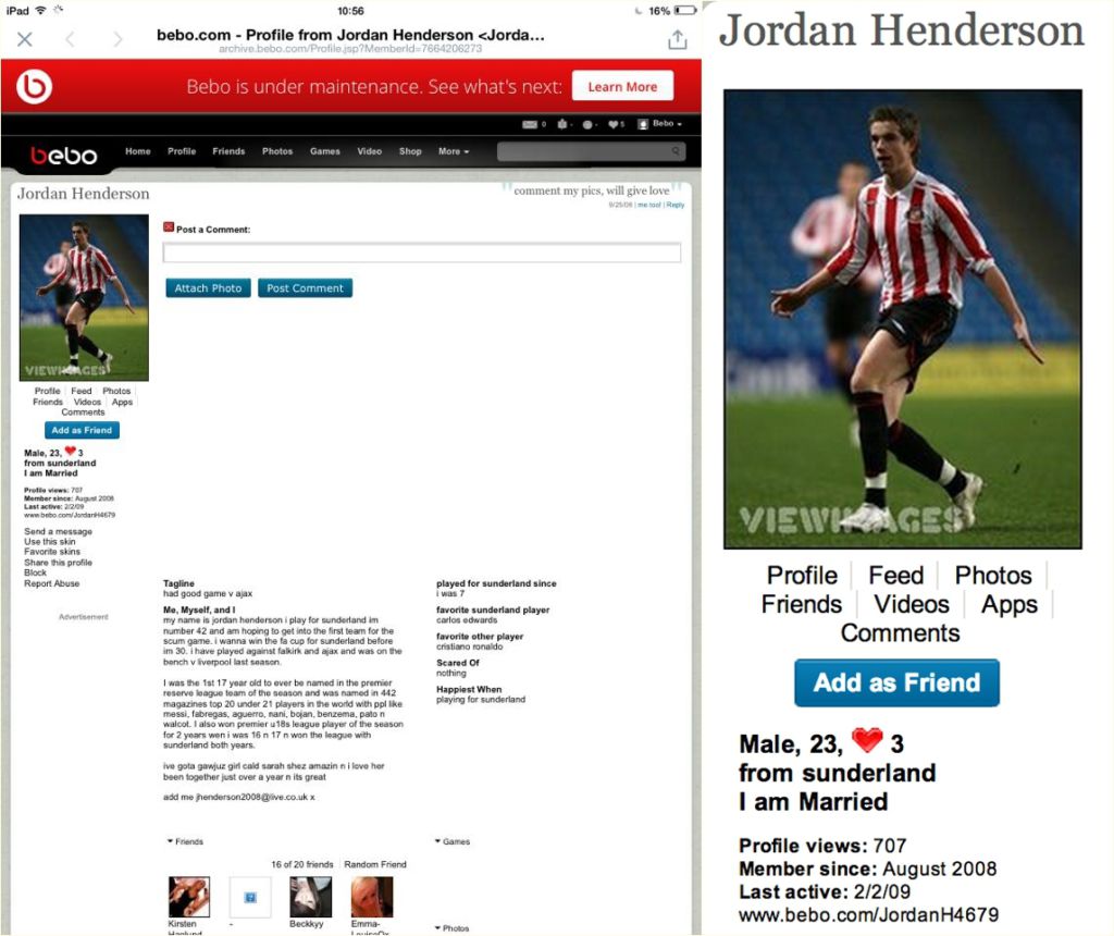 England and Liverpool footballer Jordan Henderson has recently had his old Bebo account come into the spotlight... oh dear Jordan!