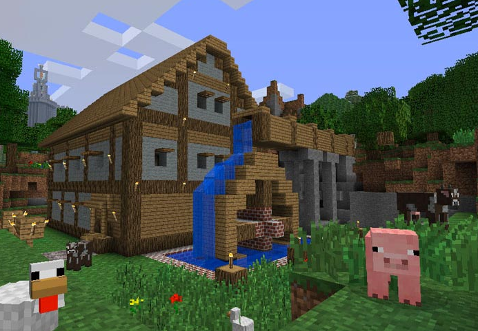User-created house with water feature and livestock.