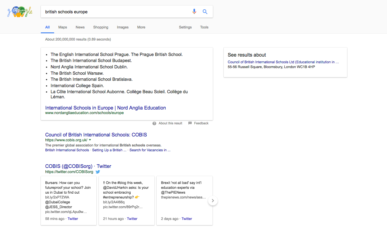 Things to note : Answer Box at top of results, Knowledge Box on the right-hand side, Twitter Results towards the bottom